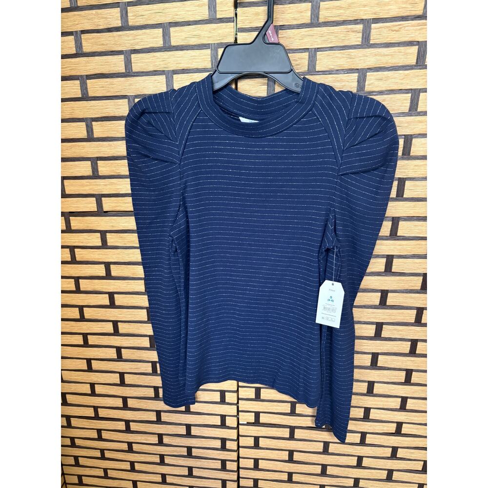 Time and Tru Navy And Silver Stripe Puff Sleeve Long Sleeve Top Size Small